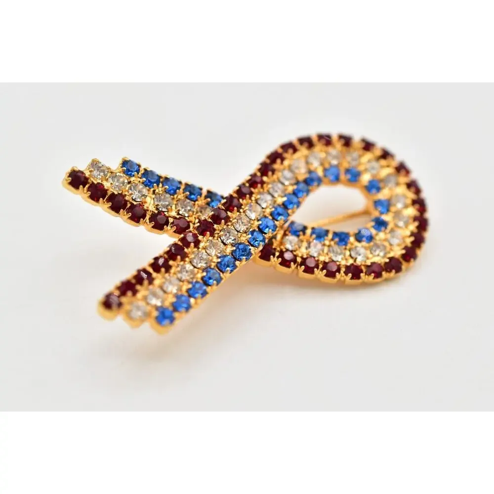 Vintage Crystal Ribbon Bow Pin Brooch Red Blue Crystal Flag Patriotic USA BinBG
